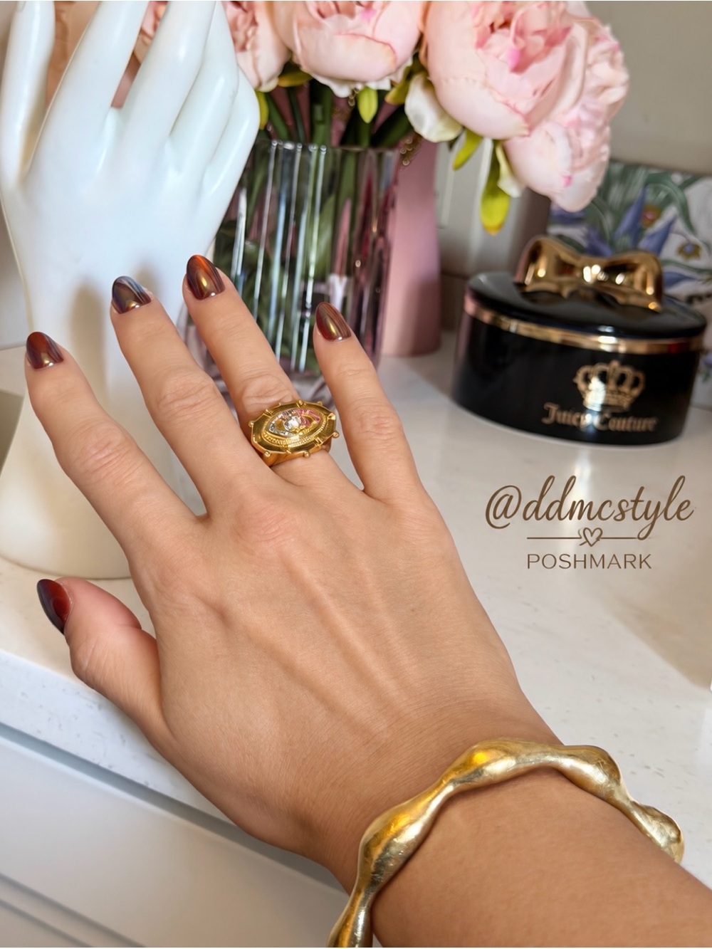 Kurt Geiger Gold evil eye statement cocktail Ring with Pink Center 8